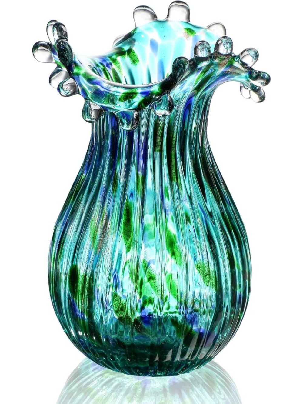 8.5" Modern Blown Glass Green Vase Art Flower Olive Plant Bookshelf Home Decor